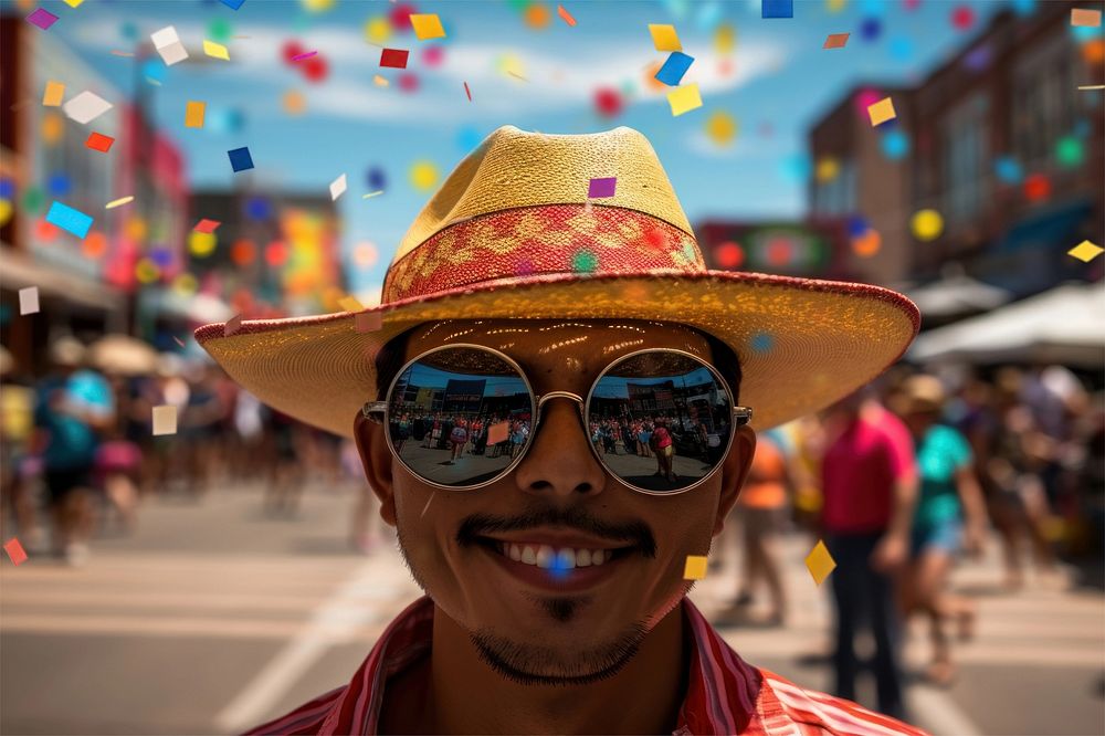 Man wearing zambrero hat  photo with confetti effect