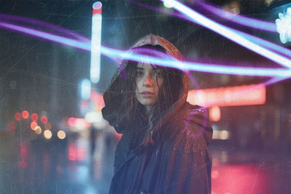 Woman in the rain photo with blue light streak effect