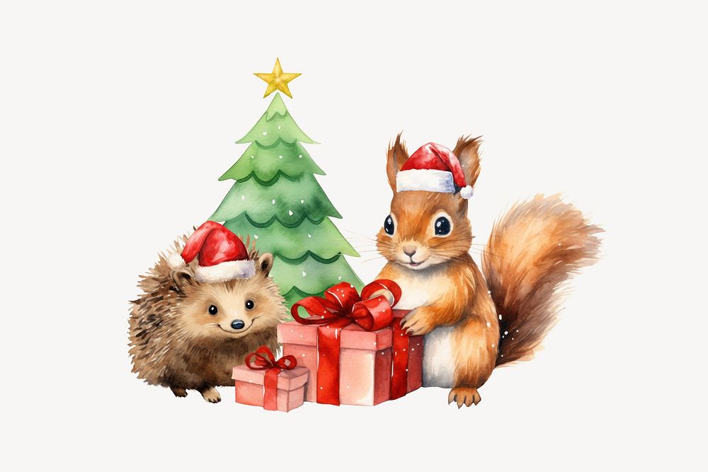 Christmas celebration, animal watercolor illustration