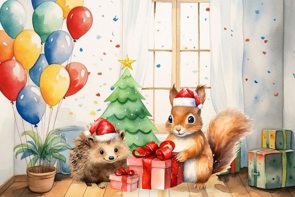 Christmas party, animal watercolor illustration