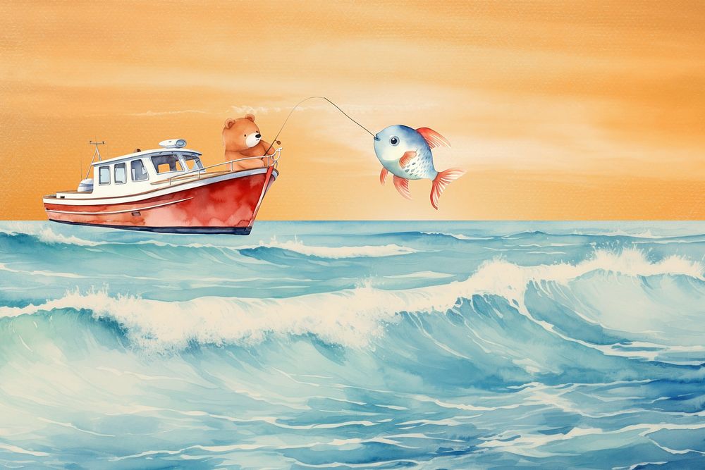 Fishing boat, animal watercolor illustration