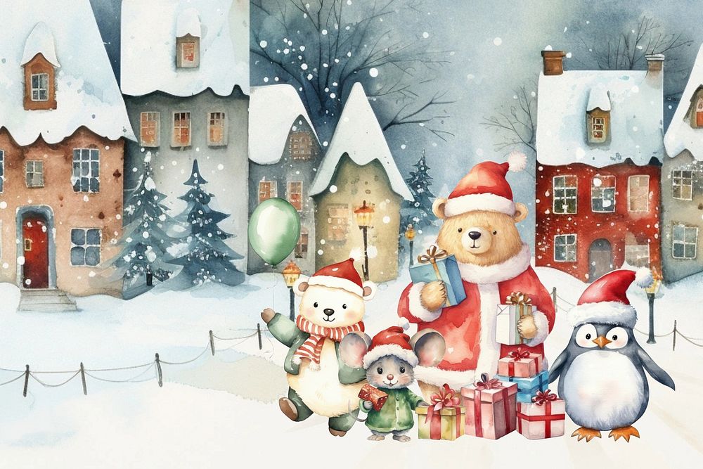 Christmas winter, animal watercolor illustration