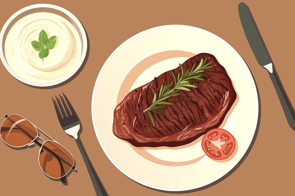 Steak lunch, restaurant food illustration