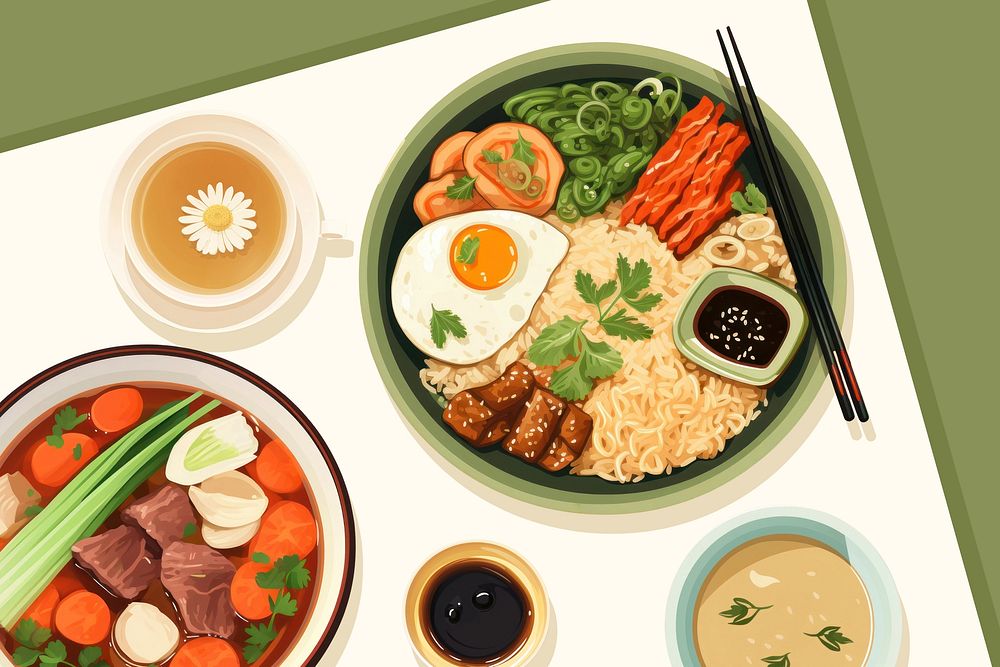 Lunch meal, Asian food illustration