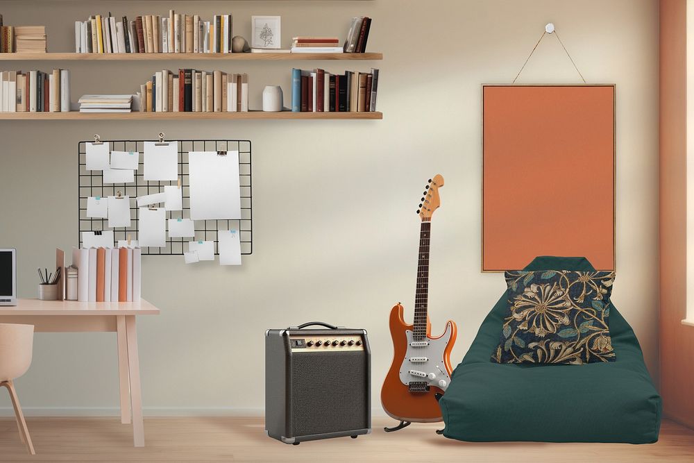Aesthetic activity room, guitar with bean bag