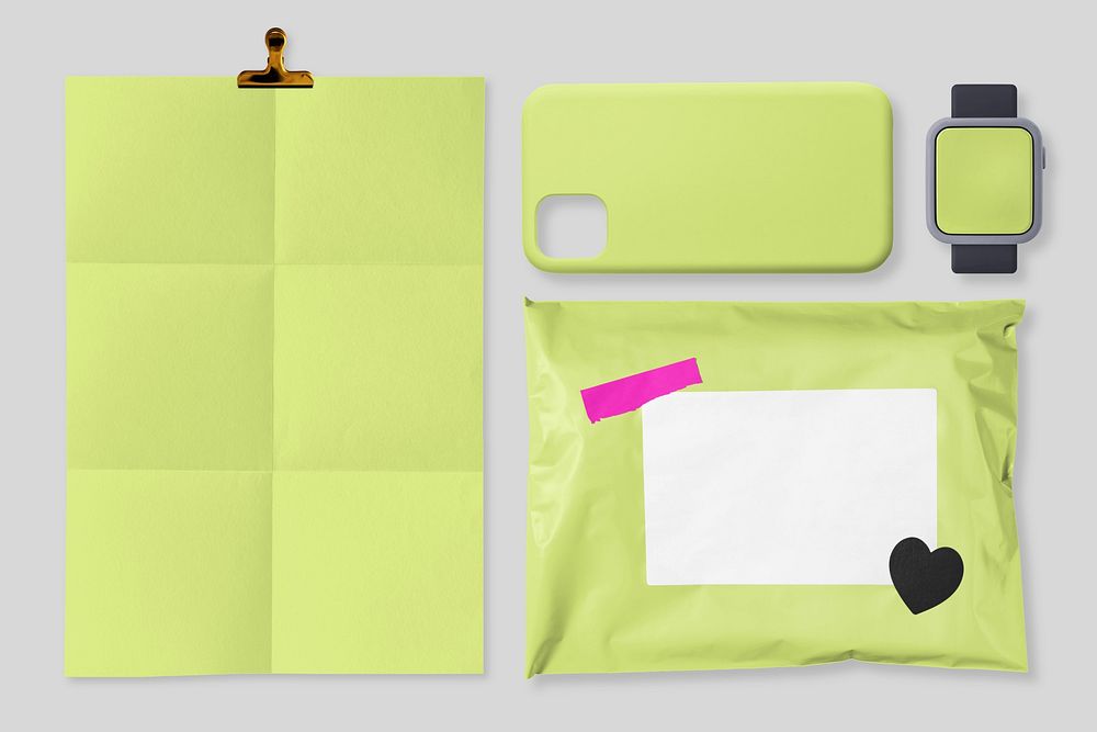 Green plastic mailing bag, poster, business branding set