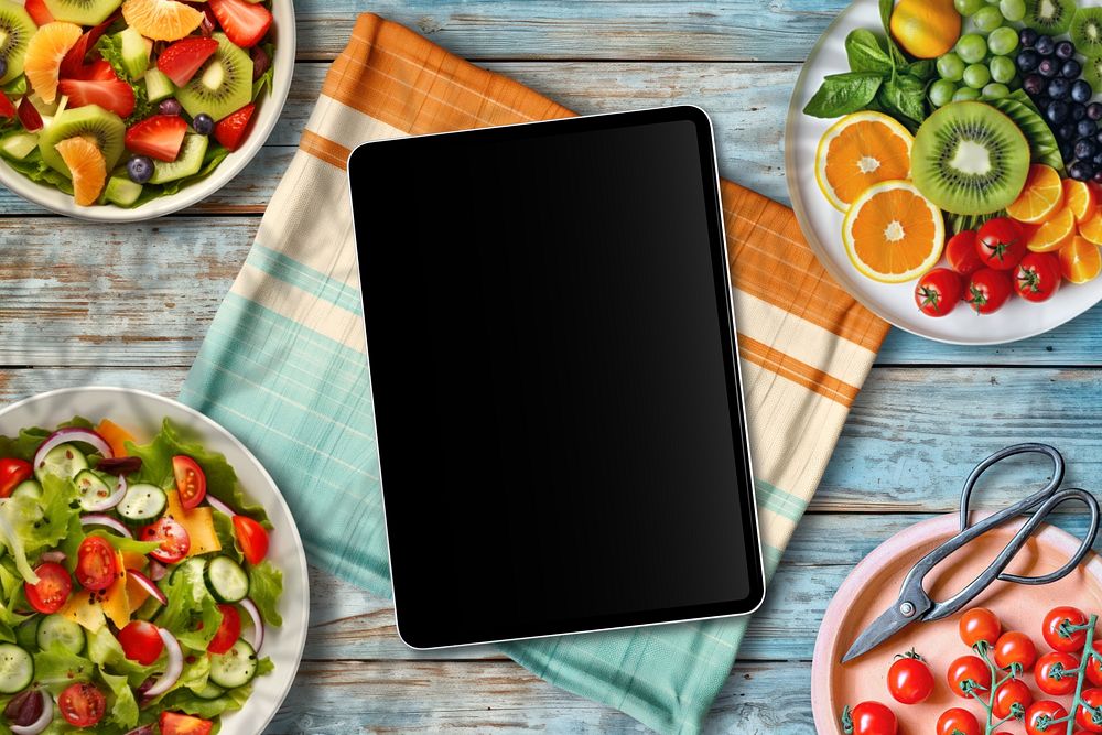 Tablet screen, healthy food table
