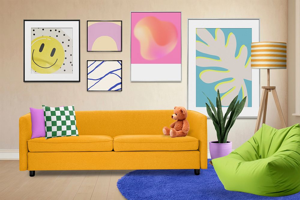 Funky living room, picture frame mockup psd
