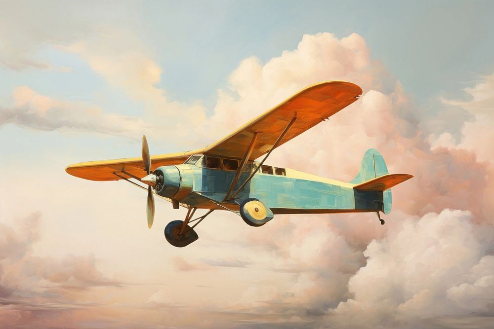 Blue propeller plane oil painting Free Photo Illustration rawpixel