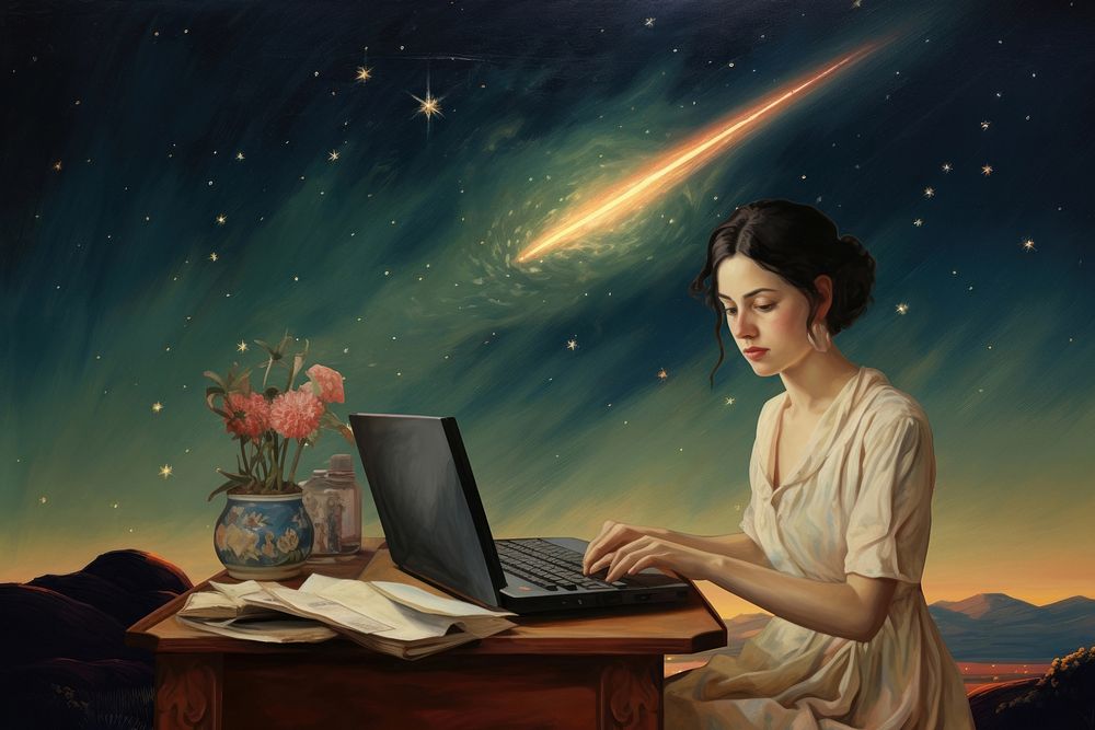 Woman working on laptop oil painting