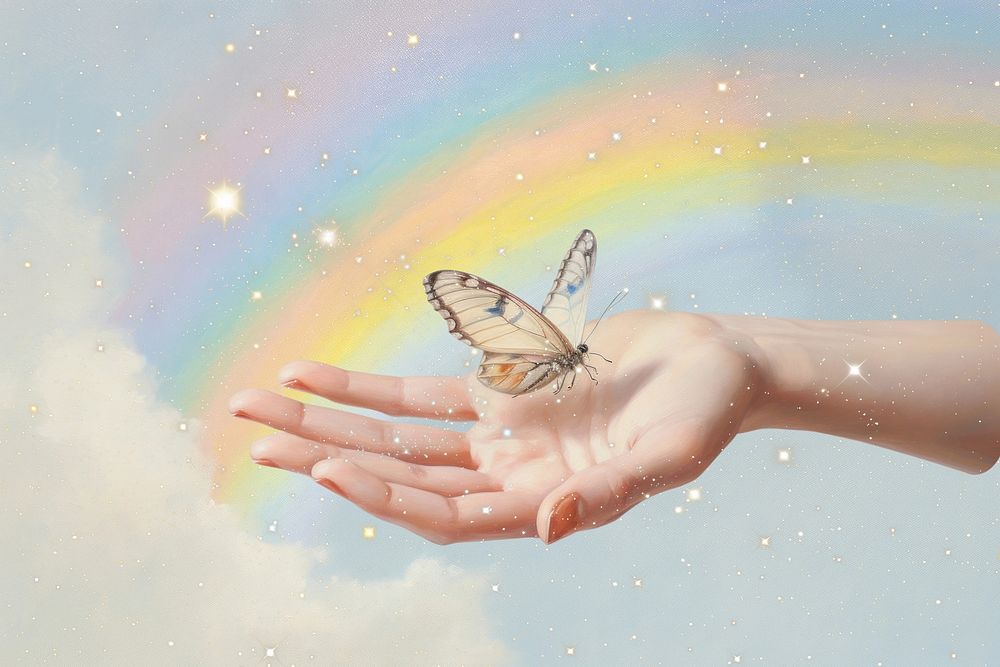Hand holding butterfly oil painting