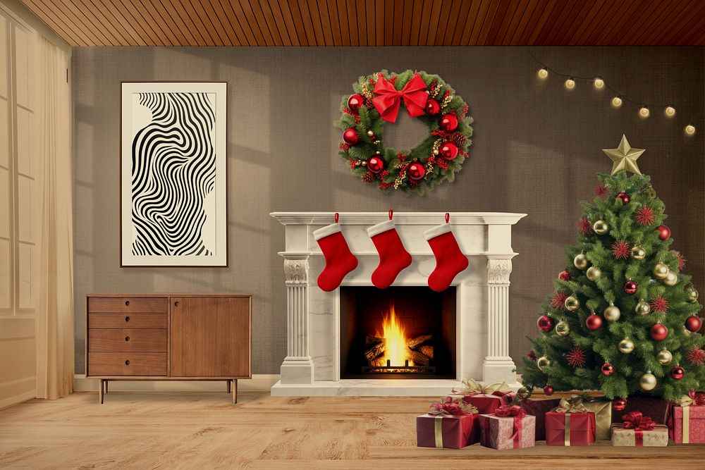 Christmas fireplace, interior design photo