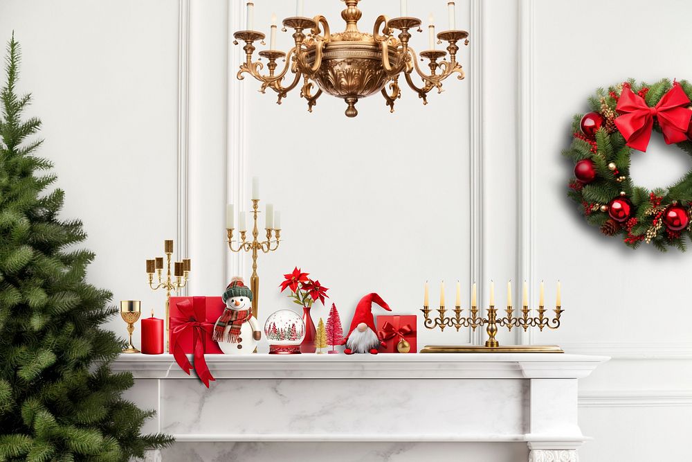 Christmas fireplace decor, festive photo