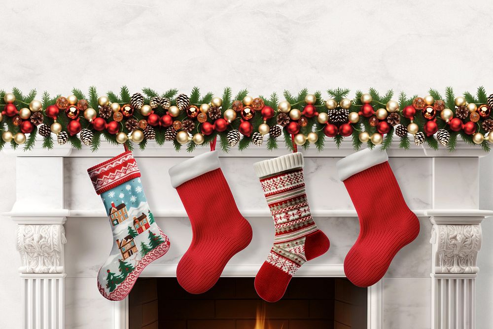 Christmas fireplace stocking, festive photo