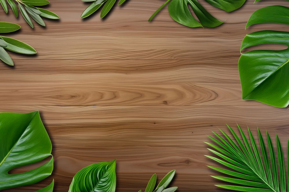 Wooden texture background, monstera leaf frame