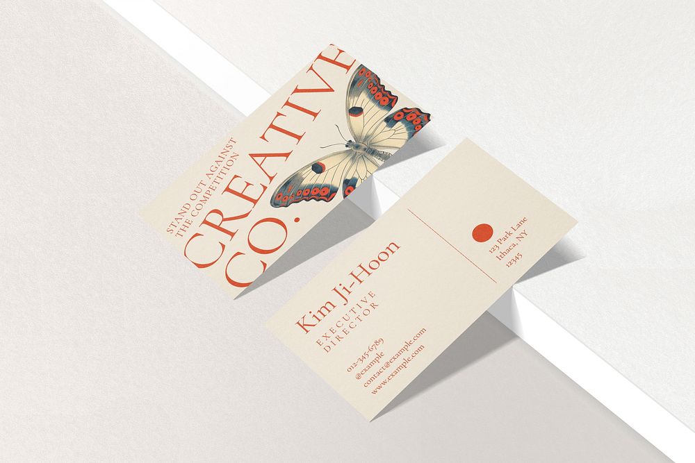 Minimal beige business card, front & back view