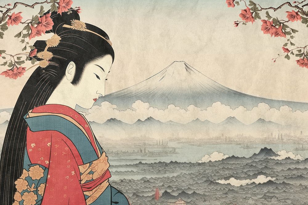 Vintage Japanese woman with Mount Fuji illustration