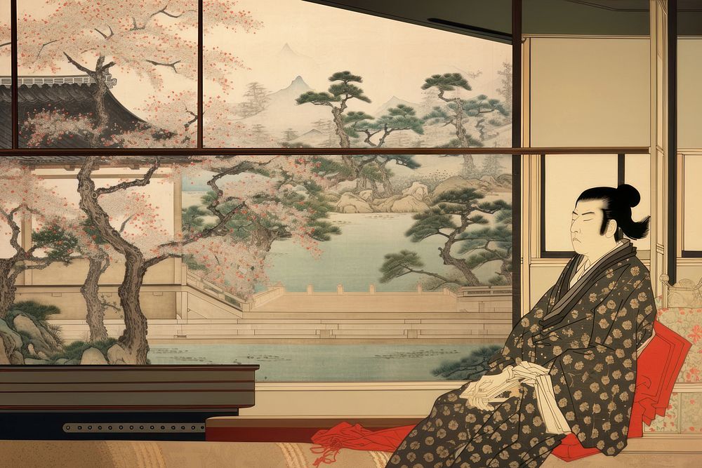 Vintage Japanese background, man sitting in living room