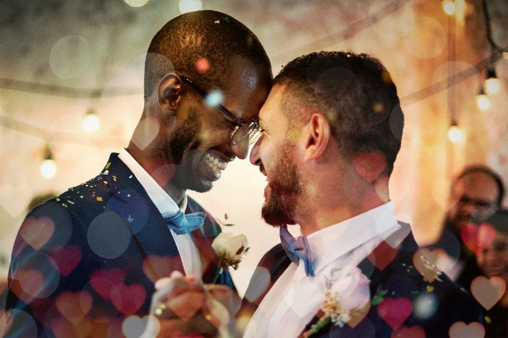 Gay wedding, heart bokeh effect