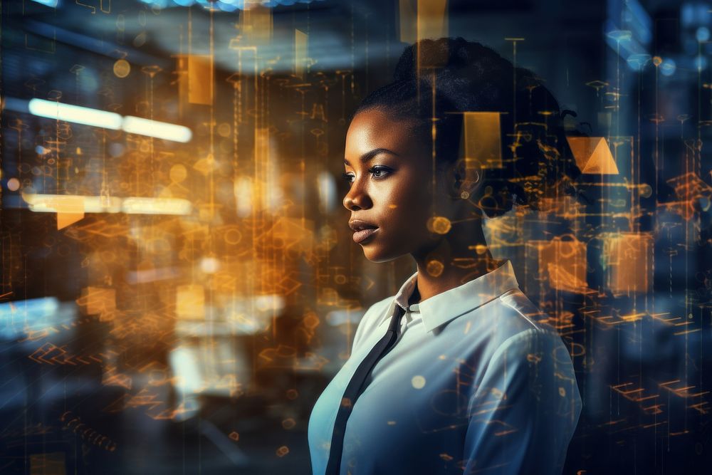 Black business woman future data analytics portrait contemplation architecture. AI generated Image by rawpixel.