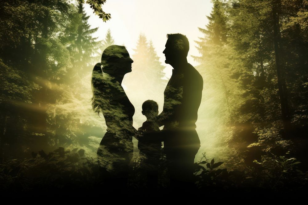 Family silhouette in a forrest woodland light and green outdoors forest adult. AI generated Image by rawpixel.