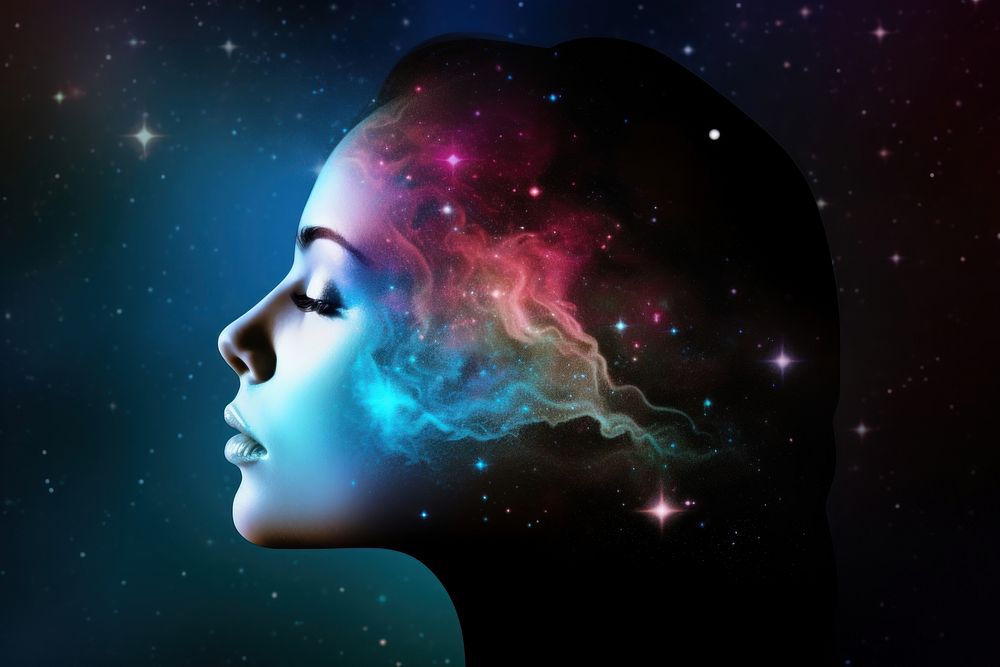 Womans face astronomy universe portrait. 