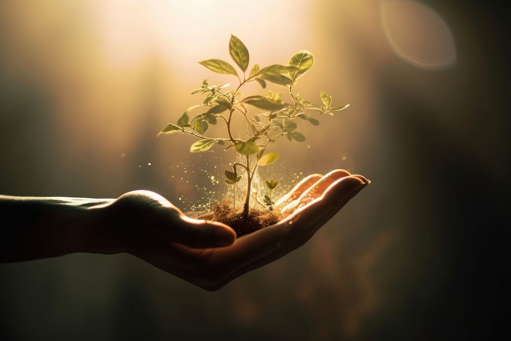 Hand silhouette holding a plant sunlight outdoors adult. AI generated Image by rawpixel.
