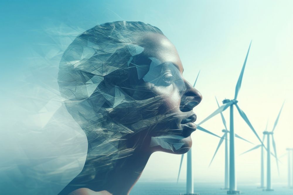 Modern construction worker face wind turbines ocean portrait machine contemplation. AI generated Image by rawpixel.
