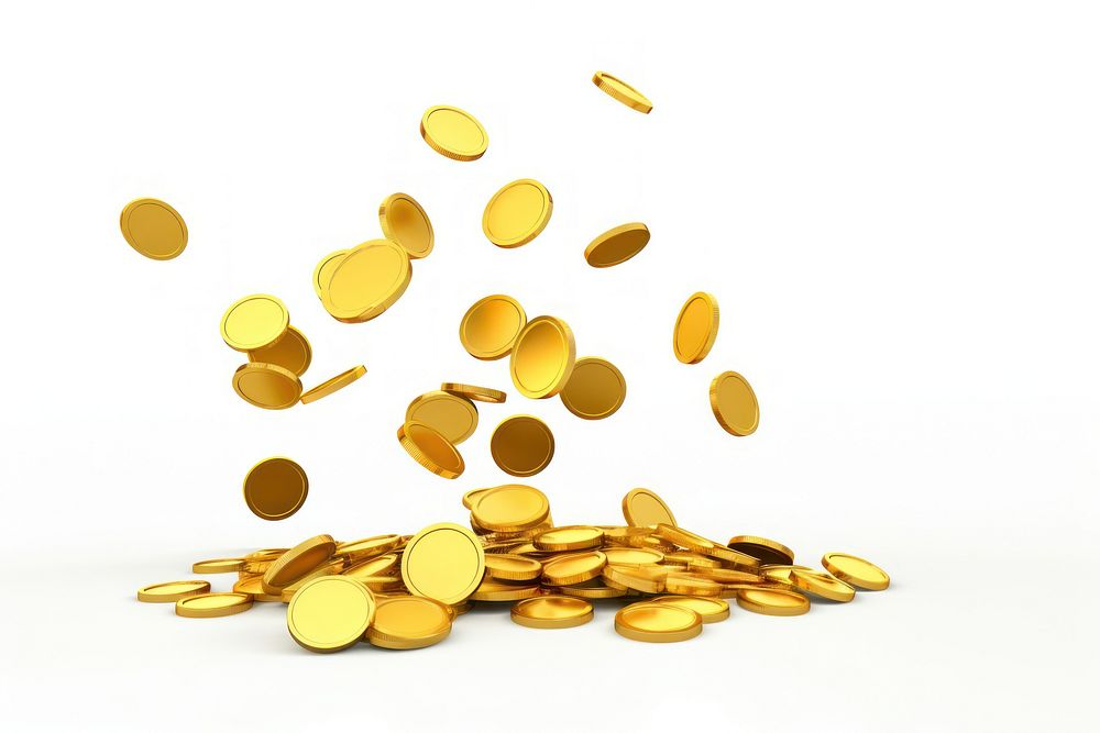 Big golden coins flying money pill white background. AI generated Image by rawpixel.