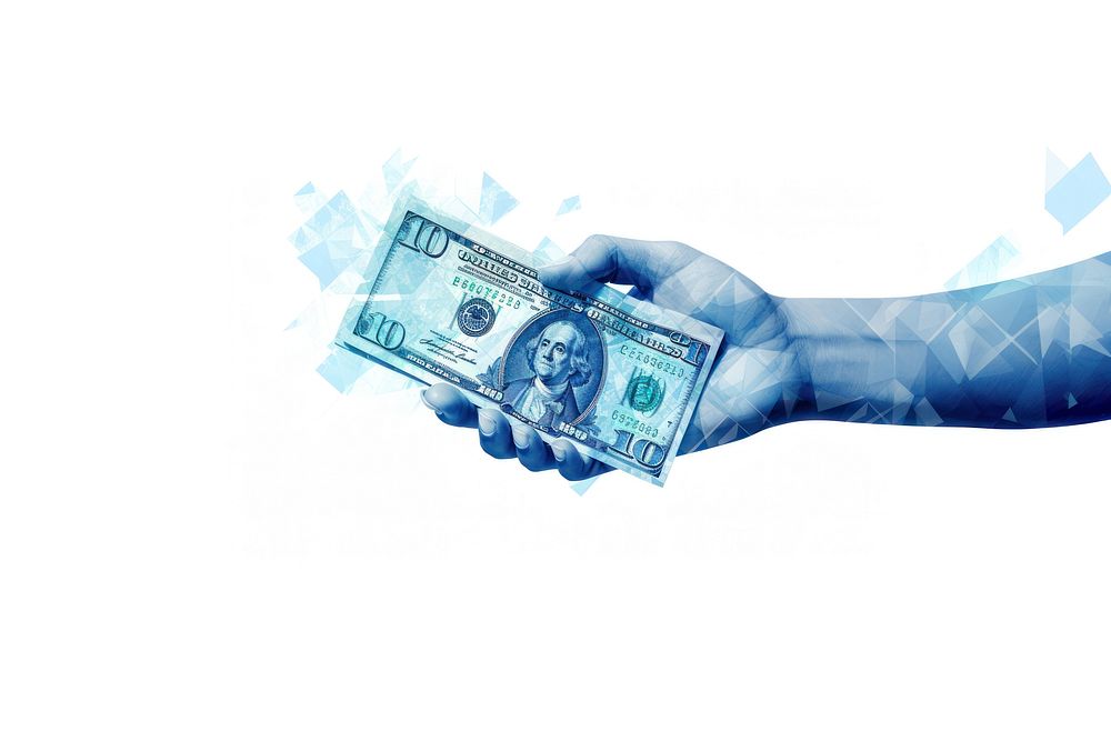 Minimal hand holding banknote dollar money blue. AI generated Image by rawpixel.