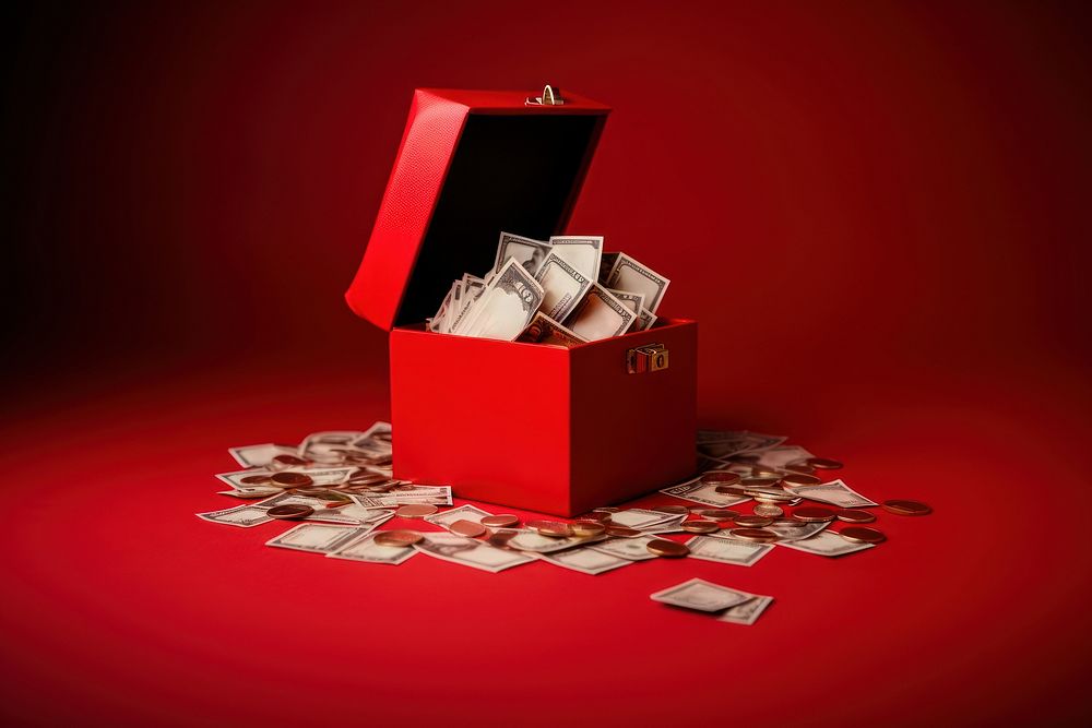 Money bills inside a red gift box container currency gambling. AI generated Image by rawpixel.