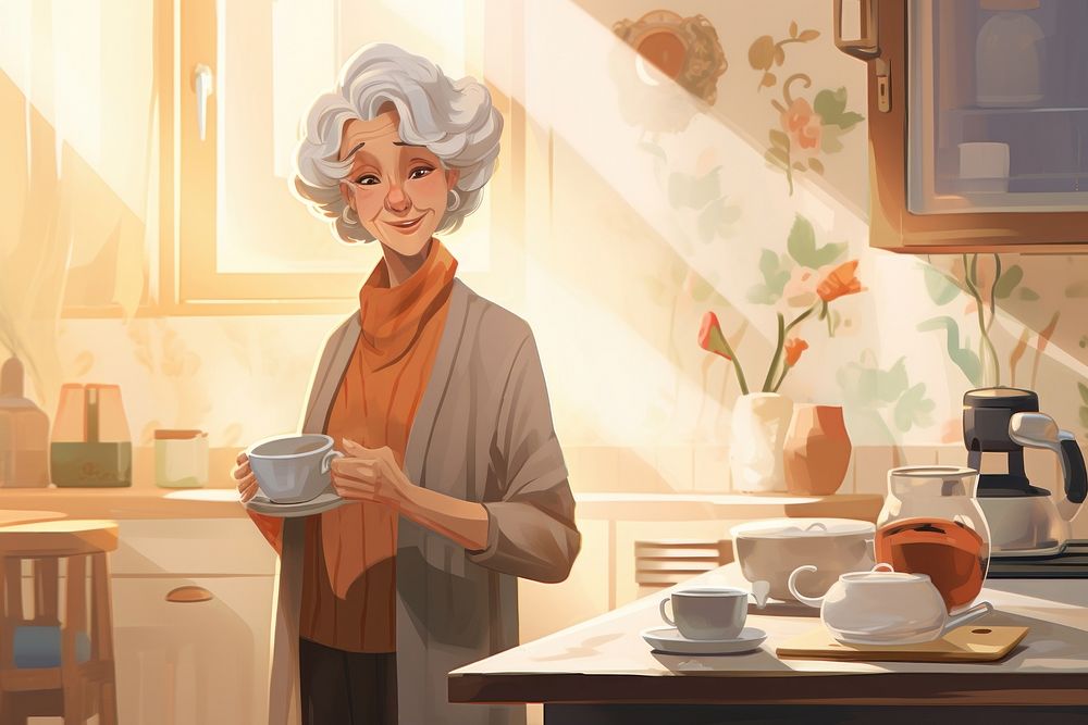 Elderly woman coffee smiling cartoon. AI generated Image by rawpixel.