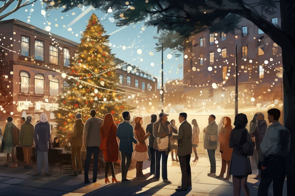 Christmas tree lights adult city town. AI generated Image by rawpixel.