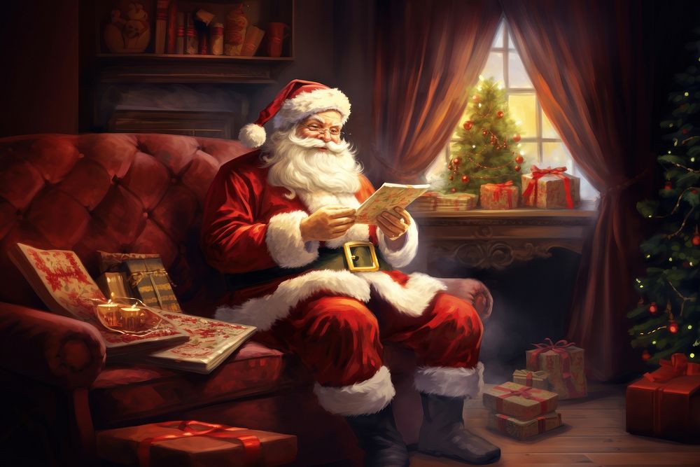 Santa eating christmas cookies furniture couch anticipation. AI generated Image by rawpixel.
