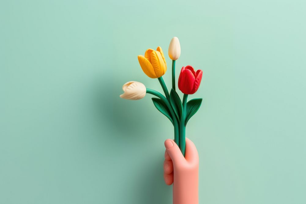Plasticine clay hand holding a tulips flower plant inflorescence. AI generated Image by rawpixel.