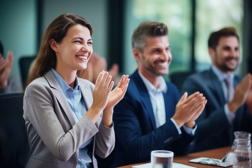 Business people clapping smiling sitting. AI generated Image by rawpixel.