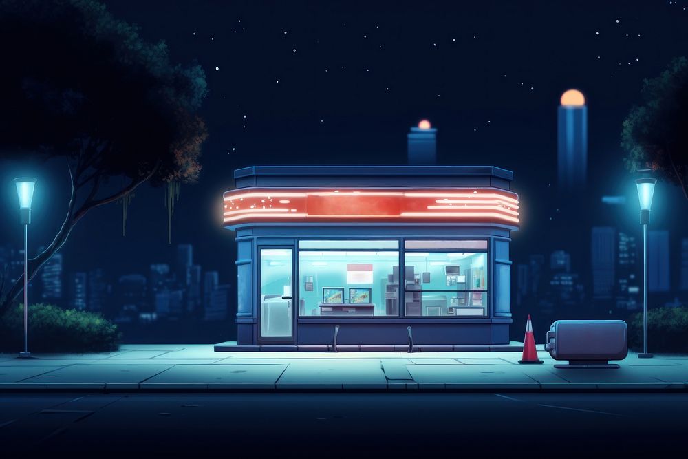 Fast food drive-thru night restaurant building. AI generated Image by rawpixel.