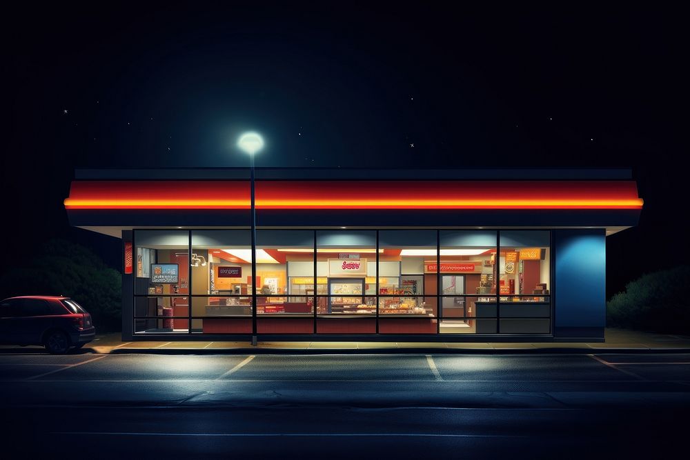 Fast food drive-thru building lighting vehicle. AI generated Image by rawpixel.
