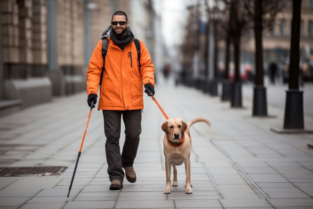 Guide dog wearing a cane walking mammal animal. AI generated Image by rawpixel.
