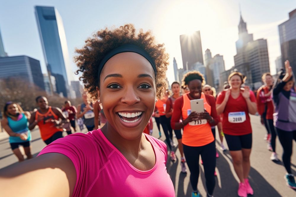 African American woman running jogging selfie. AI generated Image by rawpixel.