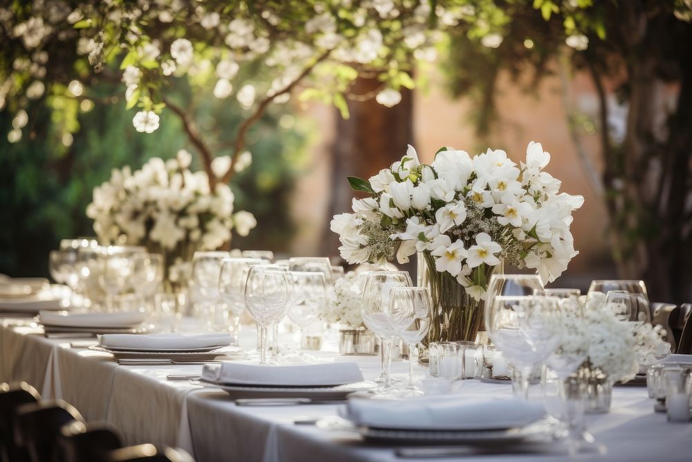 Flower table outdoors wedding. AI generated Image by rawpixel.