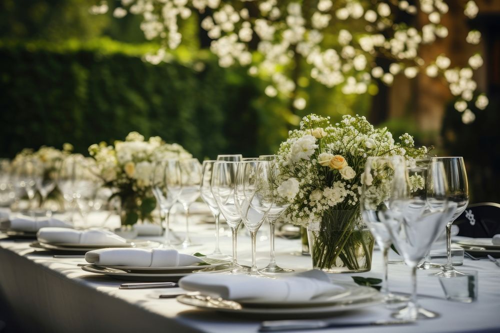 Outdoors flower table wedding. AI generated Image by rawpixel.