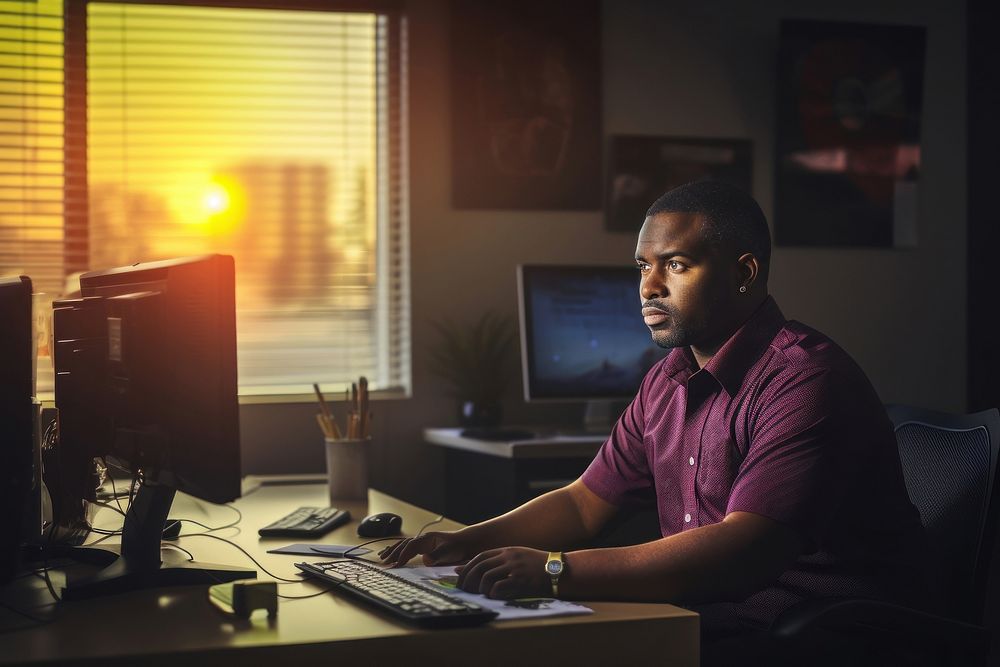 Black man computer working sitting. AI generated Image by rawpixel.