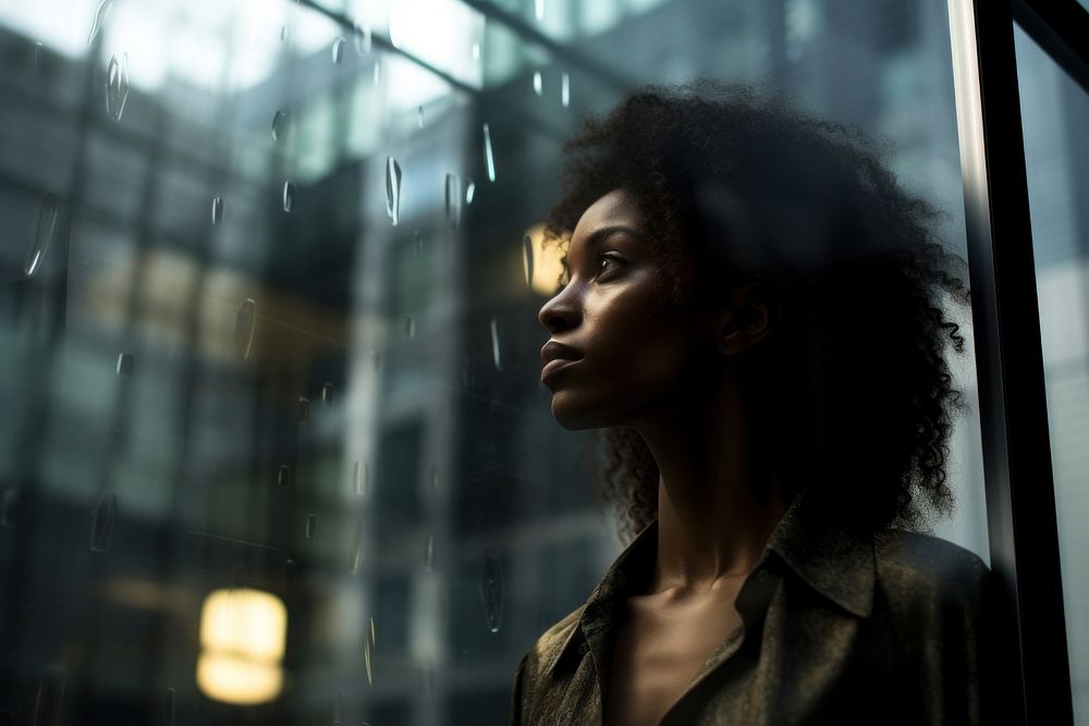 Black woman portrait looking window. AI generated Image by rawpixel.