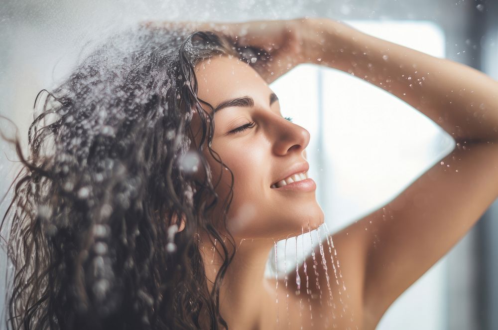 Woman washing hair shower bathroom adult. AI generated Image by rawpixel.