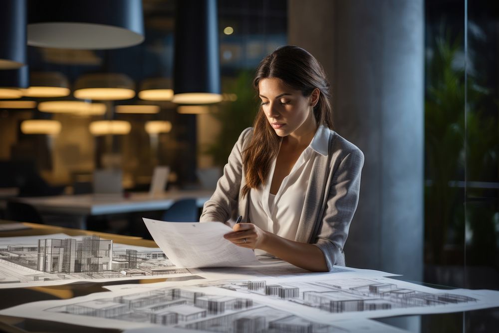 Businesswoman architecture blueprint looking. AI generated Image by rawpixel.