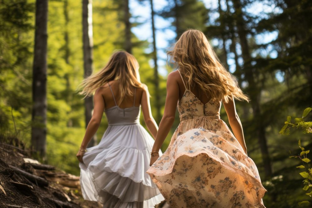 Two young women walking forest dress adult. AI generated Image by rawpixel.