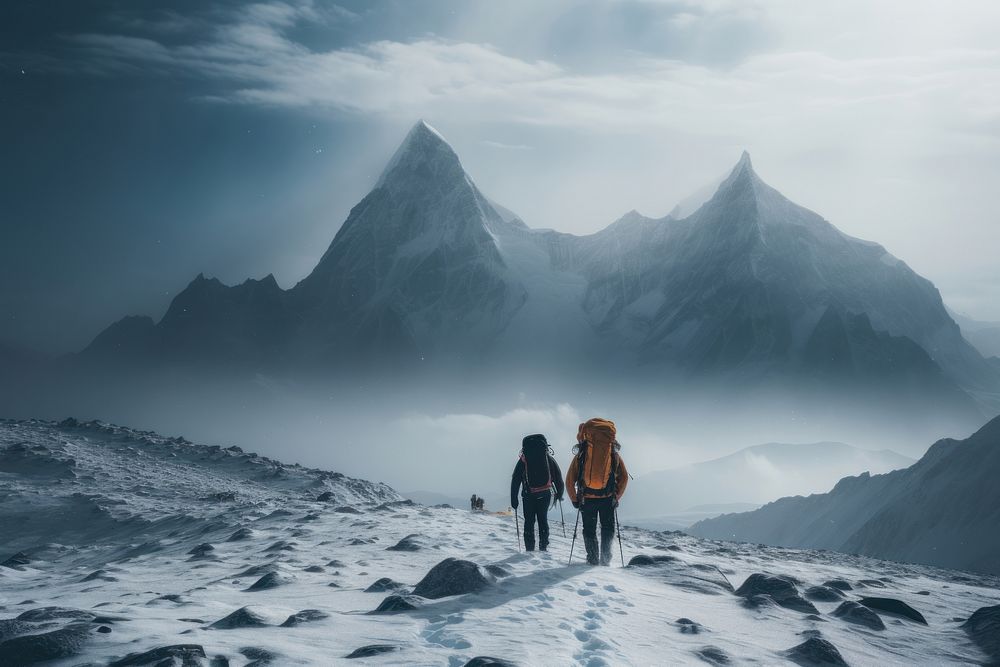 Climbers walking adventure mountain. 