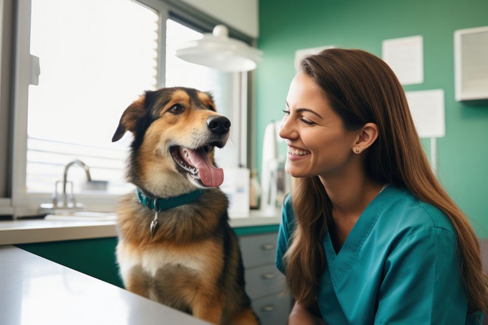 Female veterinarian talking dog doctor mammal. AI generated Image by rawpixel.