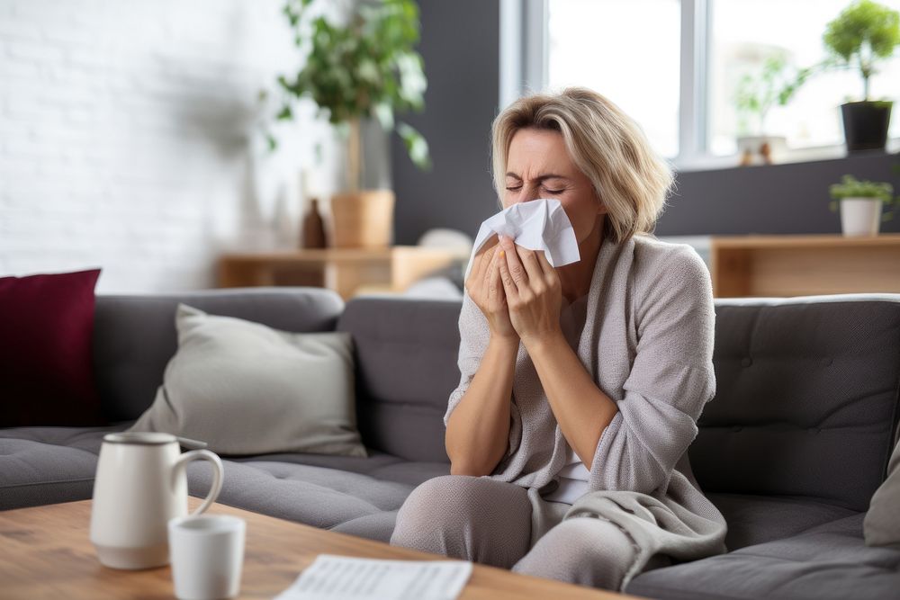 Allergies sitting adult woman. AI generated Image by rawpixel.